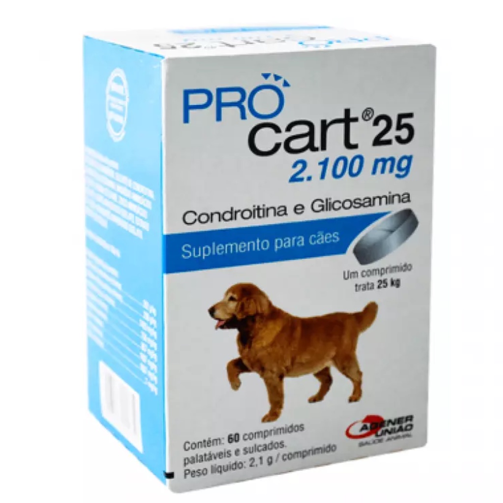 Pro Cart 25 2100mg Suplemento Articular de Condroitina e Glicosamina para Caes Agener Uniao 60 Comprimidos