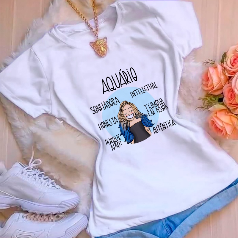 Imagem Camiseta T-shirt Feminina Blusa Signo Aquário Sucesso