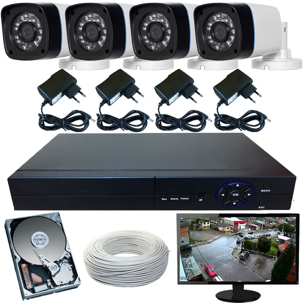 Kit 4 Câmeras de Segurança Infravermelho imagens em HD Dvr 4 Canais Monitor 15 Polegadas LED- Kit Completo