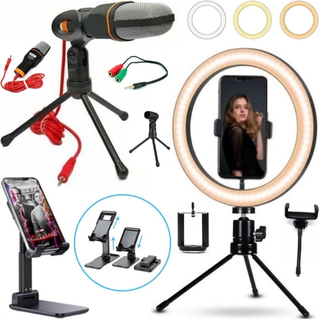 Kit Ring Light Luz Led Microfone Tripé Mesa Acessórios Celular Vídeo Aula Escritório
