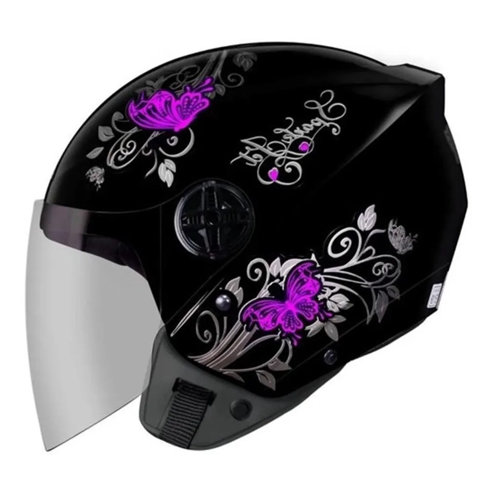 Capacete Aberto Ebf Jet Borboleta Preto E Rosa