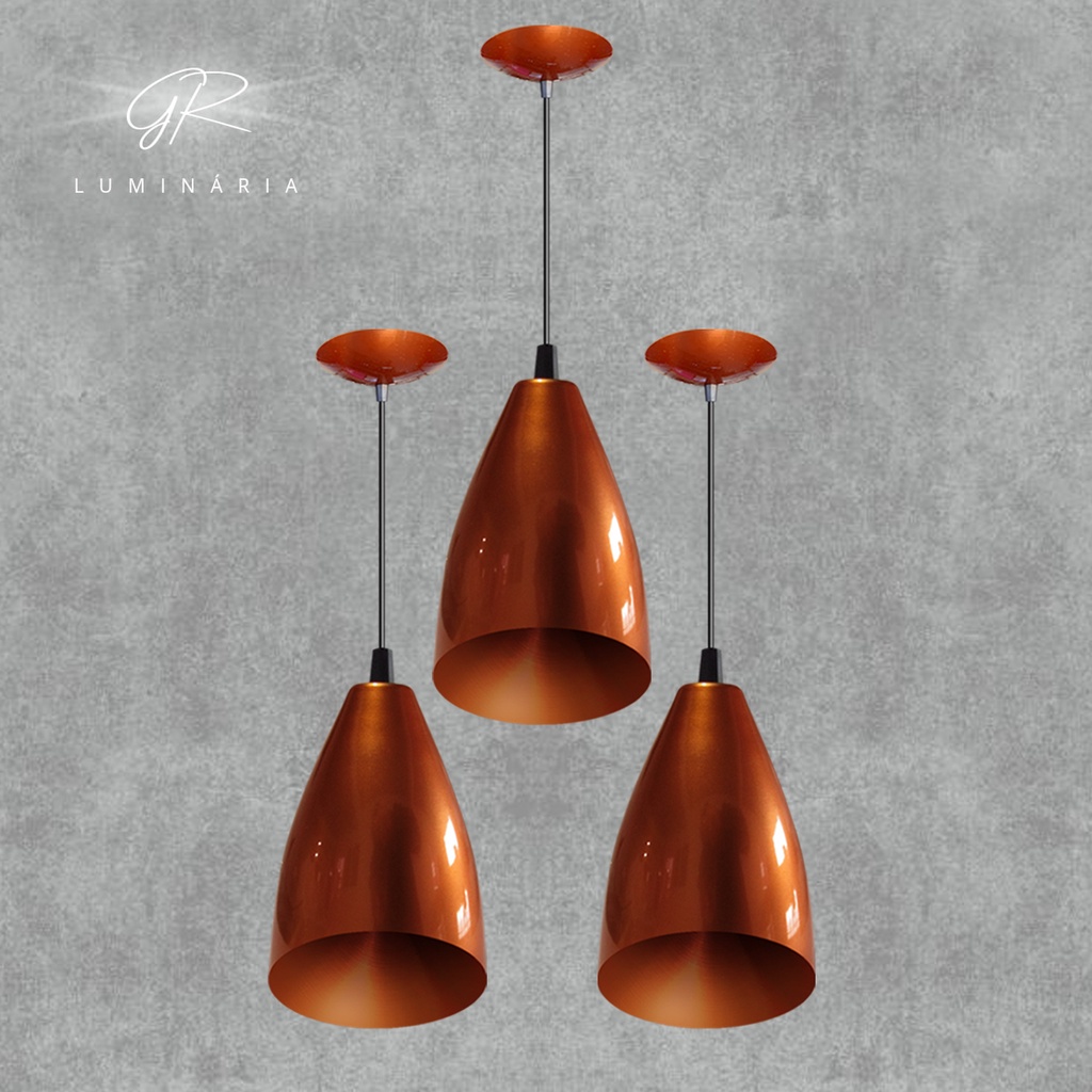 Kit Com 3 Pendentes Lustre Vegas Cobre verniz/Cobre casa e decoração sala, cozinha, bancada e balcão Full envio