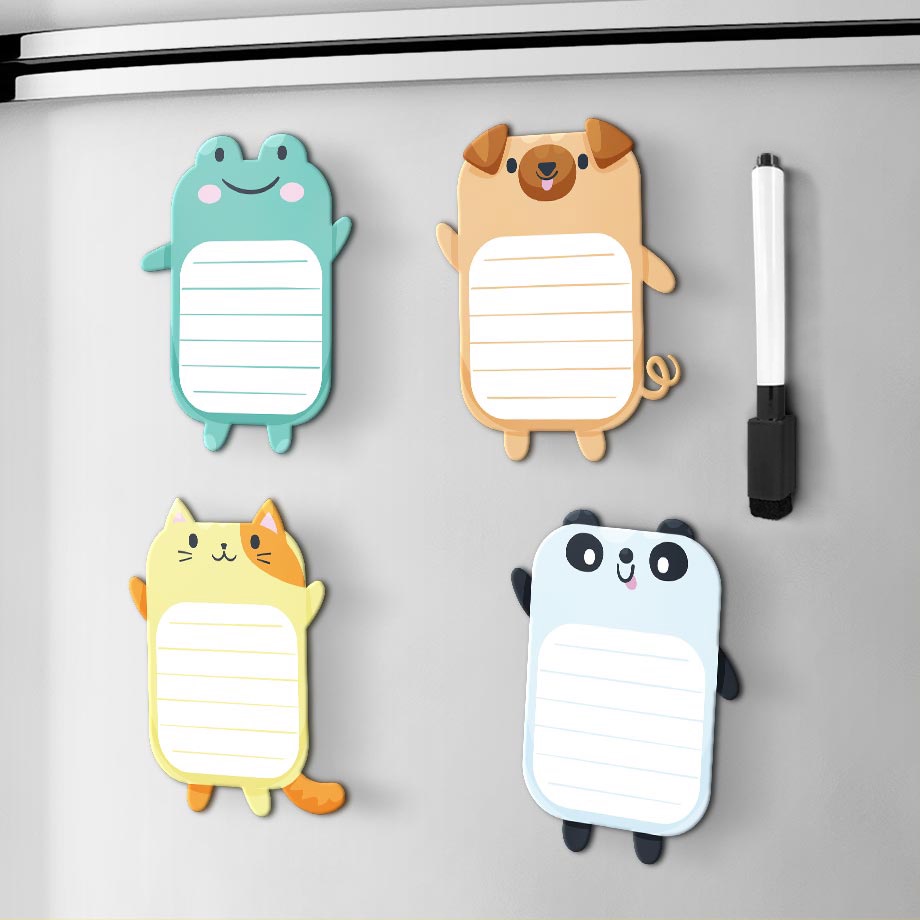 Kit 4 Ímãs De Geladeira Animais Fofos c/ Caneta Magnética Anotação Recados Lembrete Planejamento