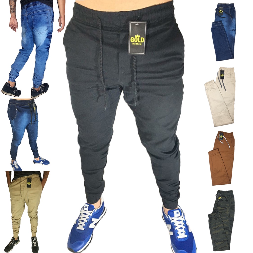 CALÇA JOGGER MASCULINO JEANS E SARJA SLIM COM ELASTICO AJUSTÁVEL