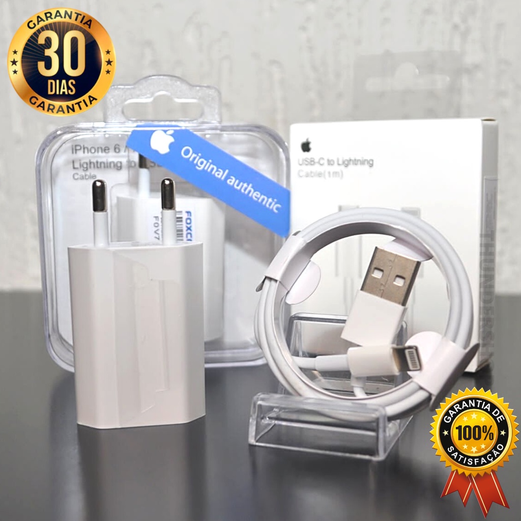 Kit Carregador iPhone Fonte USB 5W + Cabo Lightning USB - Lacrado - Carregamento Rápido - Dados - Para IPhone 7/8/X/XS/XR/11/12/13