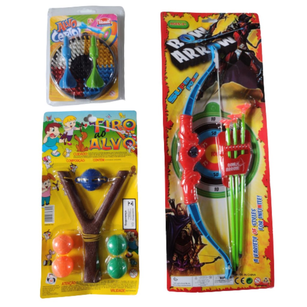 Alvo Certo Lançadores Arco E Flexa + Atiradeira Estilingue Brinquedo + Mini Jogo Dardos