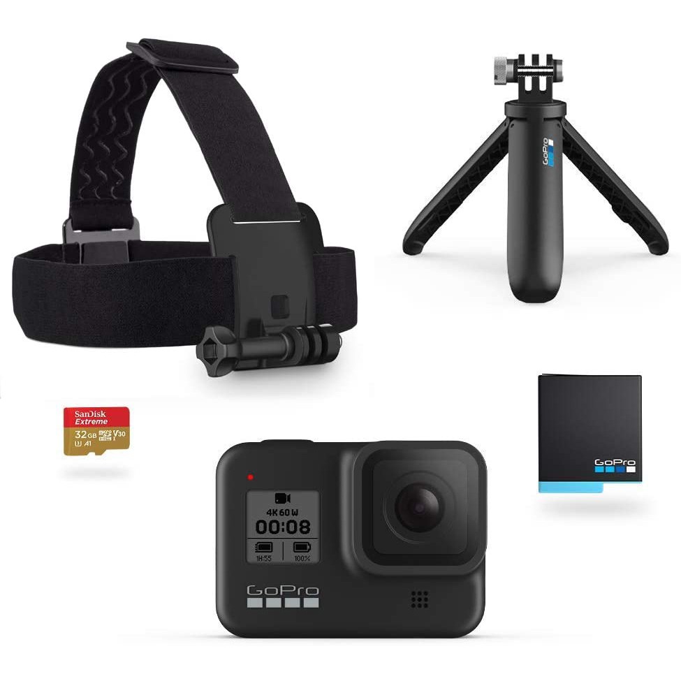 Kit GoPro HERO8 Preto, Inclui Tripé com Mini Pólo de Extensão, Alça de Cabeça, Cartão MicroSDHC de 32 GB, Bateria Recarregável