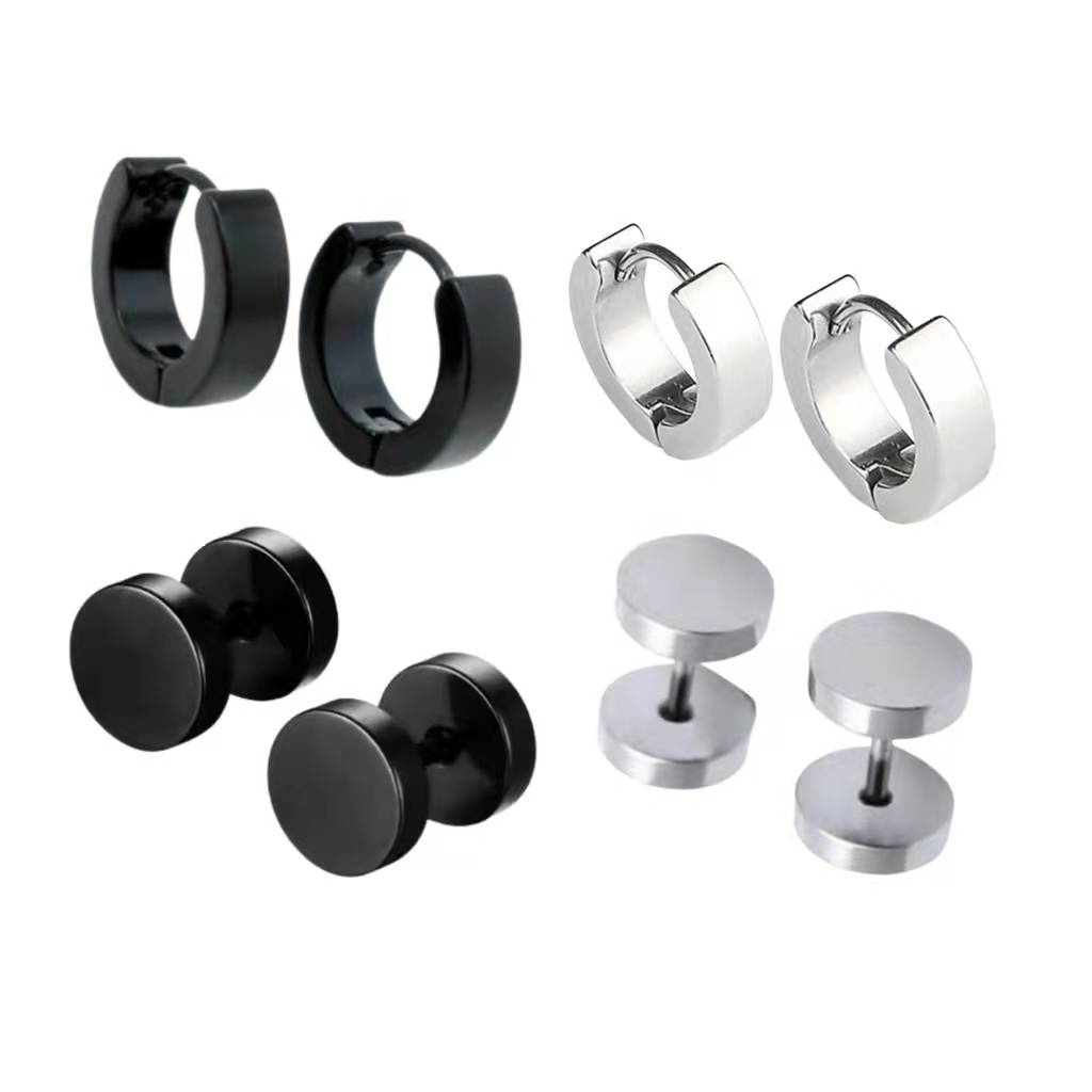 Kit 4 pares de Brinco Falso Alargador Preto Prata e Argola Preta Prata Masculina unissex em Oferta na Shopee