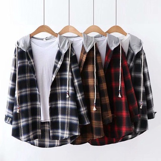Camisa Xadrez Feminina Com Capuz De Manga Comprida Fina