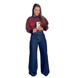 Calça Jeans Pantalona Feminina Flare Com Cinto Forrado