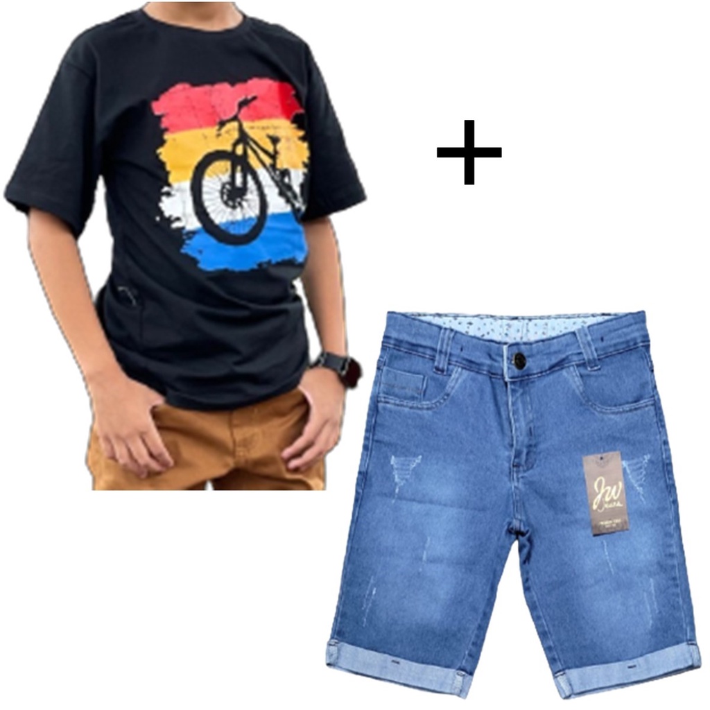 Kit 1 Bermuda Jeans Infantil Masculino + 1 Camisetas Gola Redonda Algodão Aproveite Combo Conjunto Imperdível