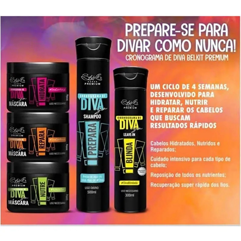 1 Kit Cronograma Capilar Diva Belkit 5 Produtos Hidratação, Nutrição e Reparação Profissional