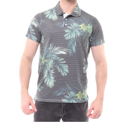 Camisa Polo Ogochi Slim Fit Concept Listrada com Folhas Gravite e Verde Masculina Infantil Manga Curta 16 A