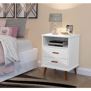 Mesa de Cabeceira Paris 2 gavetas 1 nicho pés em madeira retro Branco em Oferta na Shopee
