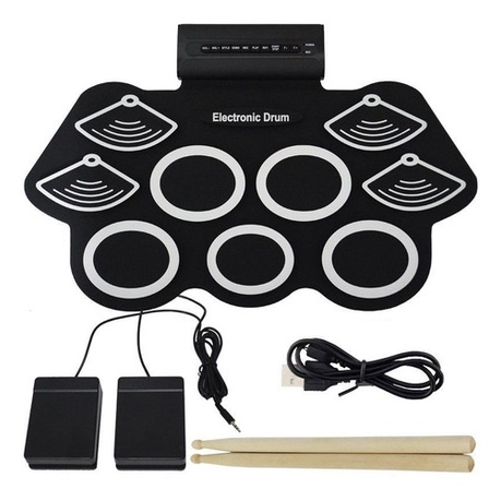 Bateria Elêtronica Musical Silicone Digital 9 Pads 2 Pedais Baquetas em dobrável EMT-S309 EXBOM