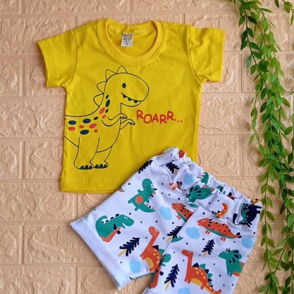 Roupa menino conjunto 2 peças dino camisa e short de moletom estampado promoção