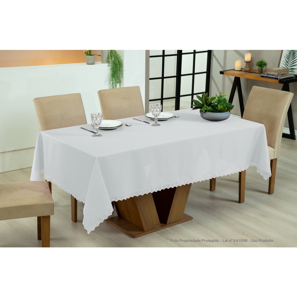 Toalha de Mesa Retangular 6 Lugares Oxford  2,20m x 1,40m Acabamento Lateral 6 Cadeiras - Branca