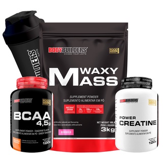 Kit Hipercalórico Waxy Mass 3kg, BCAA 4,5 100g, Power Creatina 100g, Coqueteleira – Bodybuilders