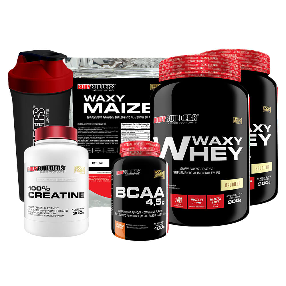 Super Kit 2 Waxy Whey 900g + Creatina 300g + BCAA 100 gr + Waxy Maize 800g + Shaker – Bodybuilders