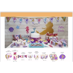 kit para festa sereia com forminhas e painel decoração faixa completo//