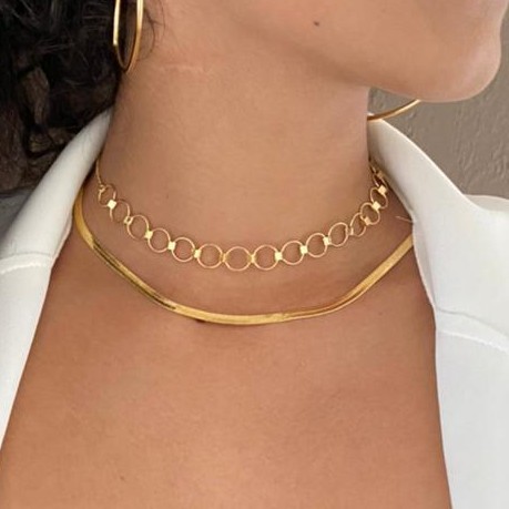 choker fio laminado banhado a ouro 18k + choker elos trançado vazado c/ regulável