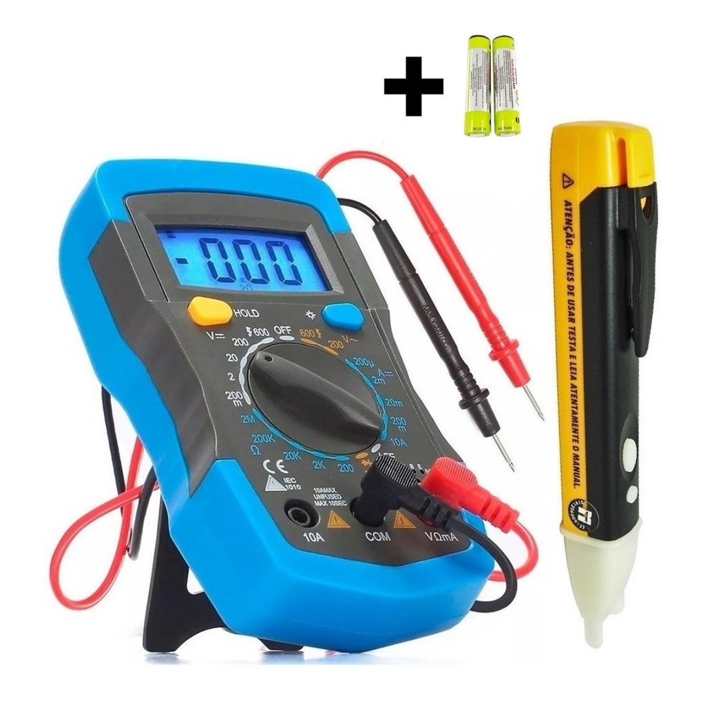 Kit Multimetro Digital Portátil + Caneta Teste Tensão Corrente C/beep, Iluminação, Multi teste, Bip Exbom. Pronta Entrega Envio Imediato Com Nota Fiscal.