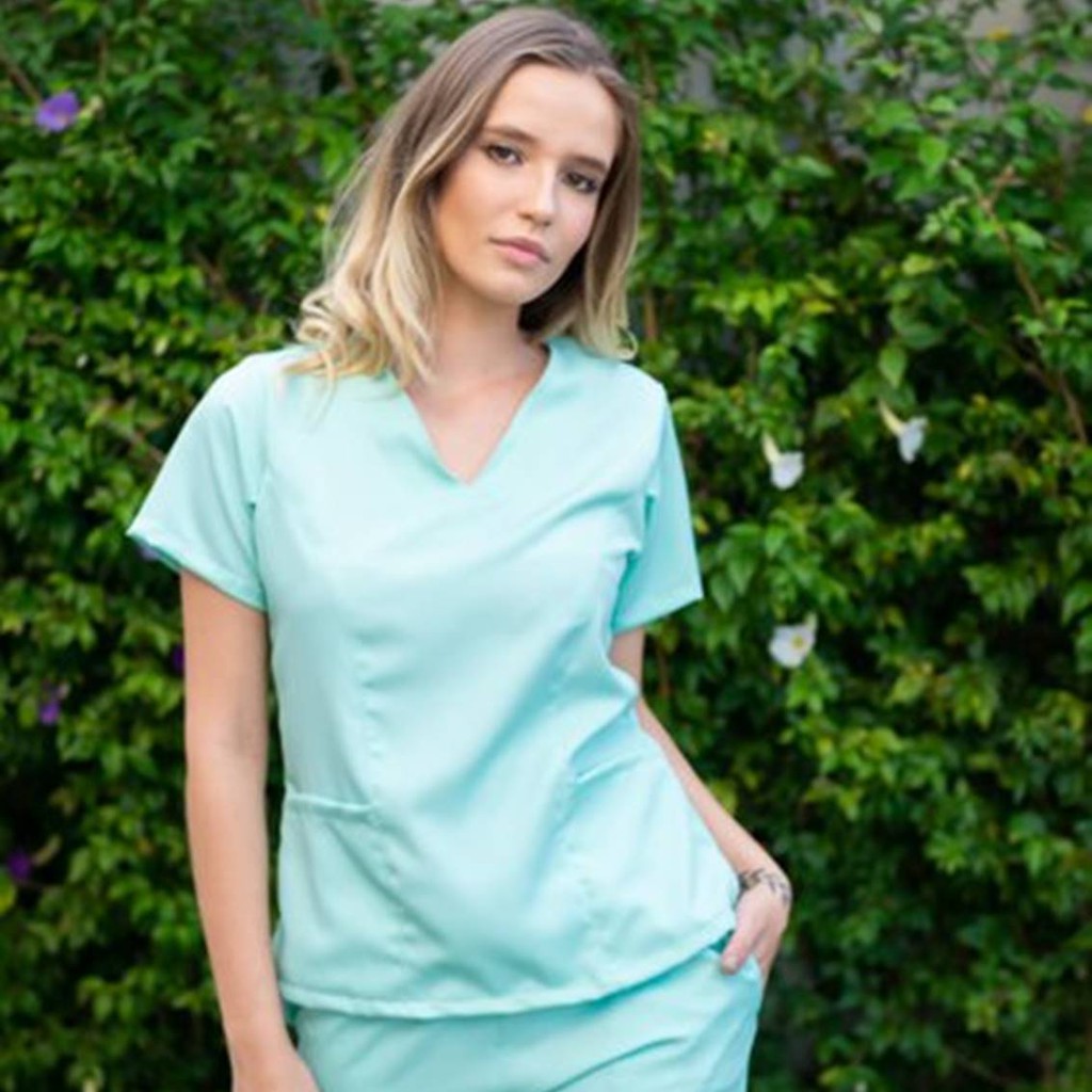 Conjunto Pijama Cirúrgico Verde Água Scrub Hospitalar Feminino Tecido Gabardine