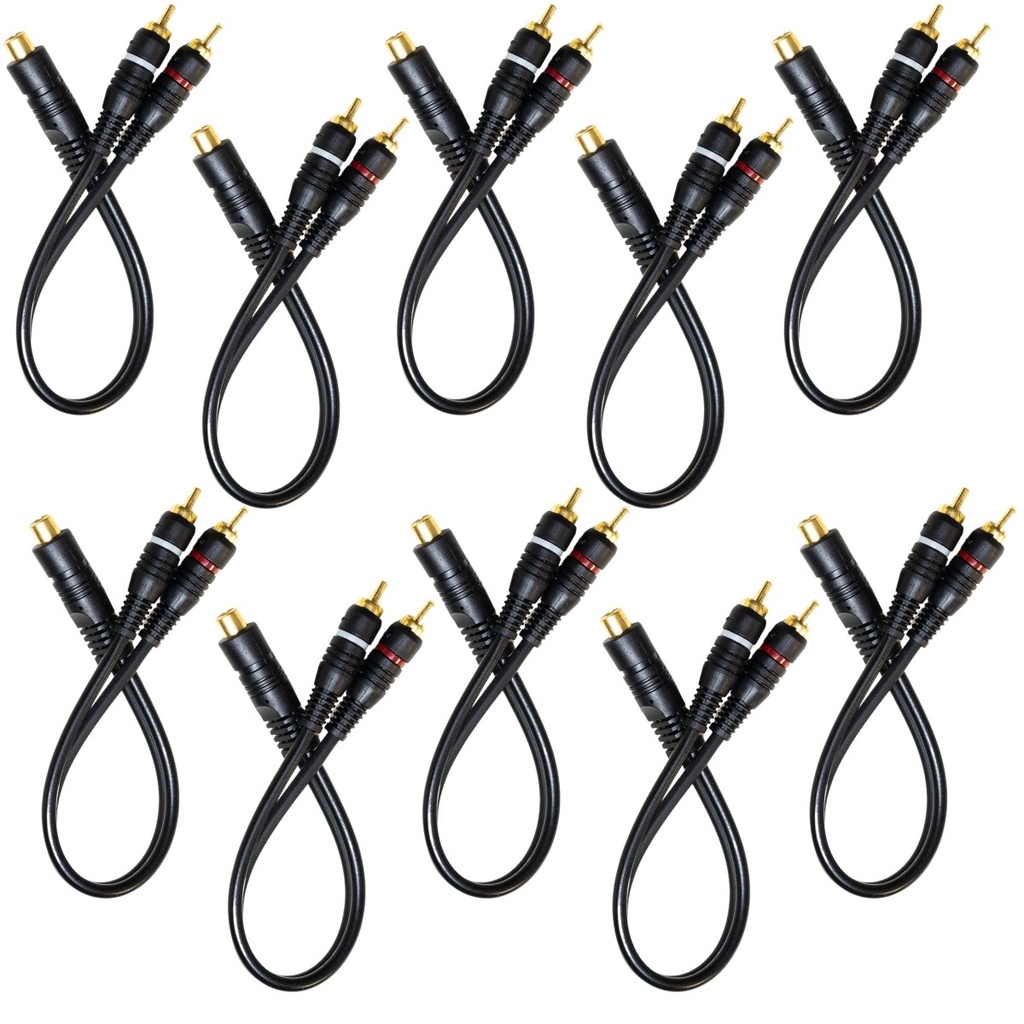 Kit 10 Cabo RCA Y 2M 1F 2Macho 1Fêmea 4mm 28cm Semi Blindado Injetado Para Som Automotivo Amplificador