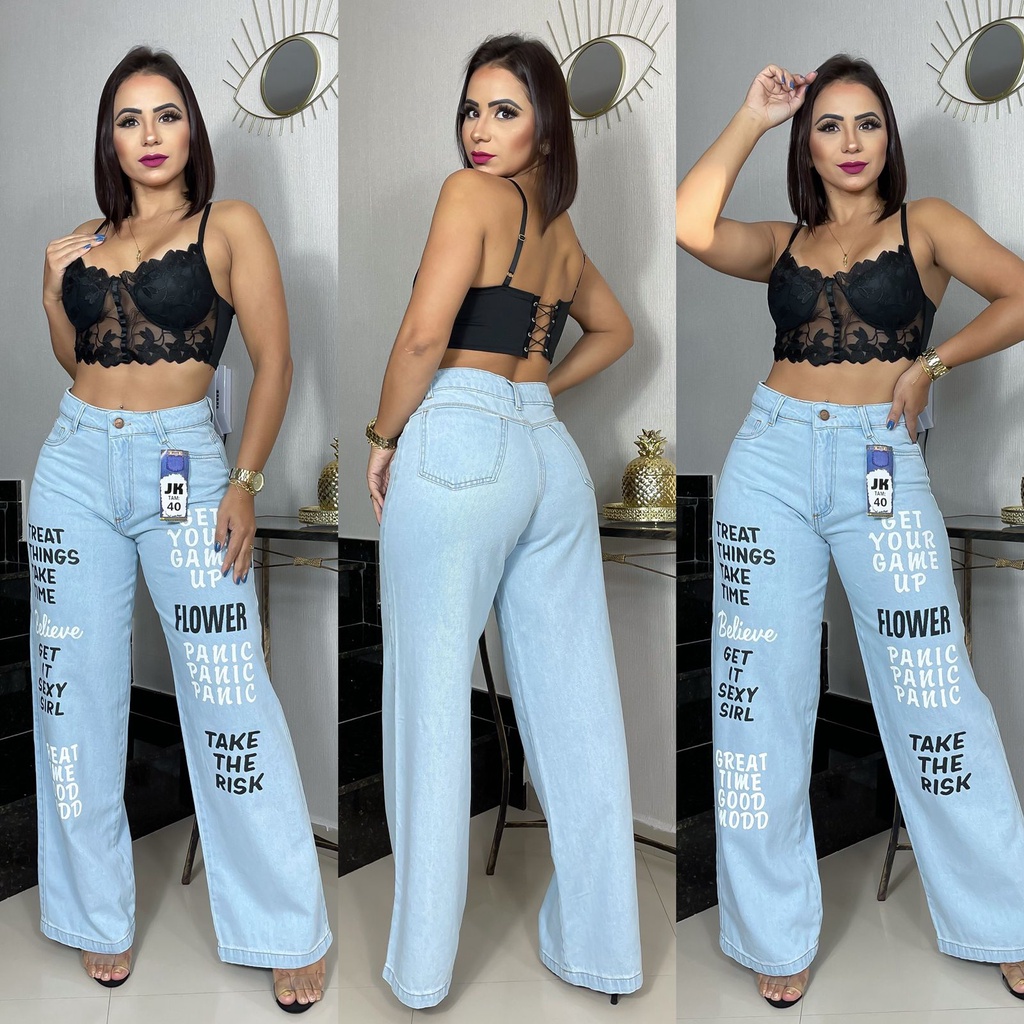 Calça Jeans Feminina Wide Leg pantalona Cintura Alta - Desconto no Preço