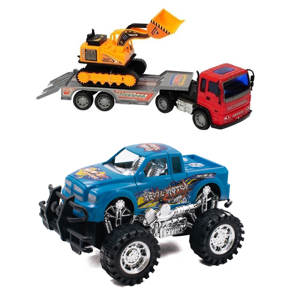 Caminhão Friccao Super Truck com Trator Carredeira ou Escavadeira + Carrinho a Fricção SUV - Pica Pau