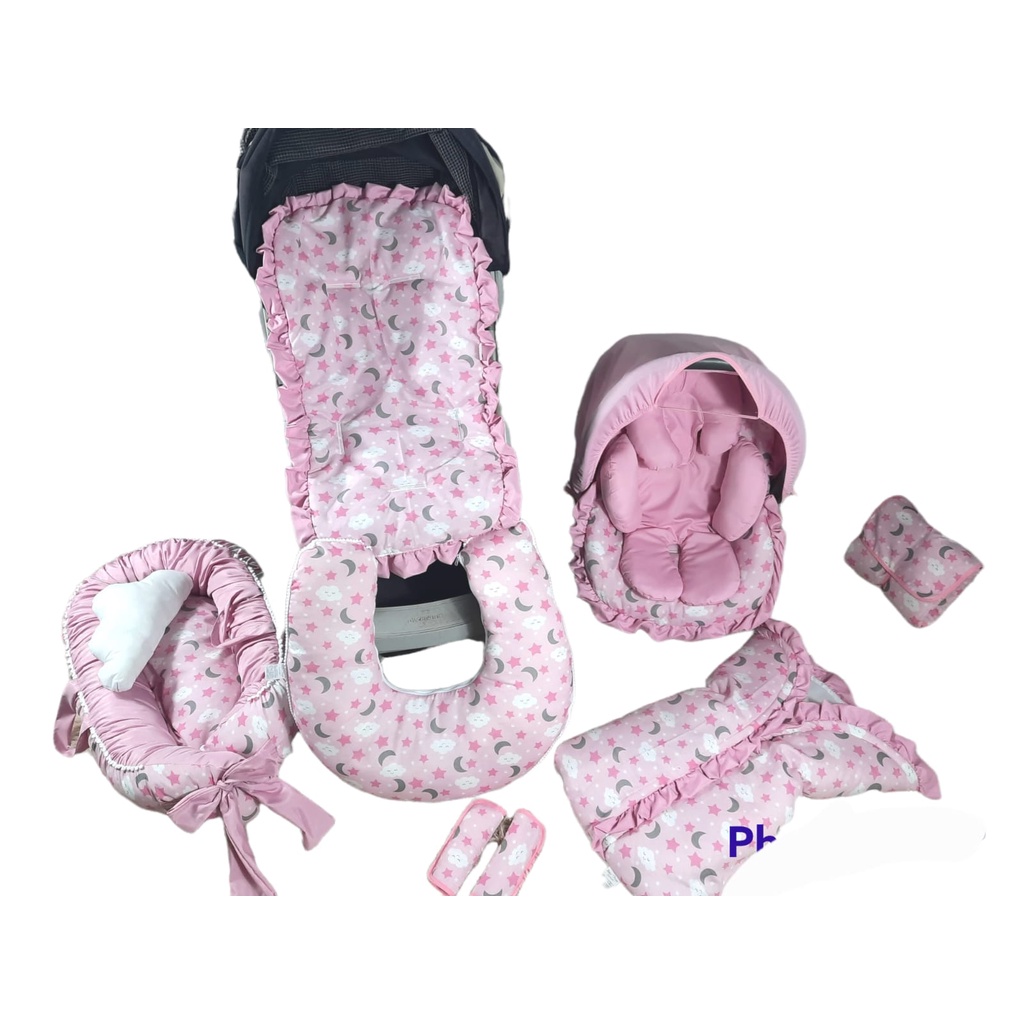 Enxoval para Quarto de Bebe com Ninho + Porta Bebe + Capas de carrinho e De Bebe Conforto+ Trocador bolsa+ Protetor de cinto+ Almofada de Amamentacao