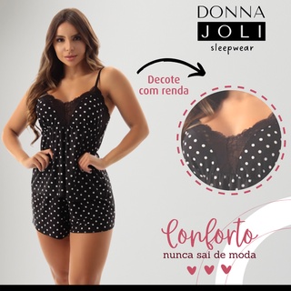 Baby Doll Liganete Estampado Frio Para Dormir Alça Regulável Short Doll Pijama Com Renda Donna Joli