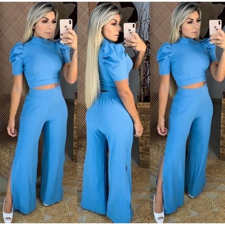 Conjunto Princesa Calça Pantalona Cropped Bufante Canelado Feminino