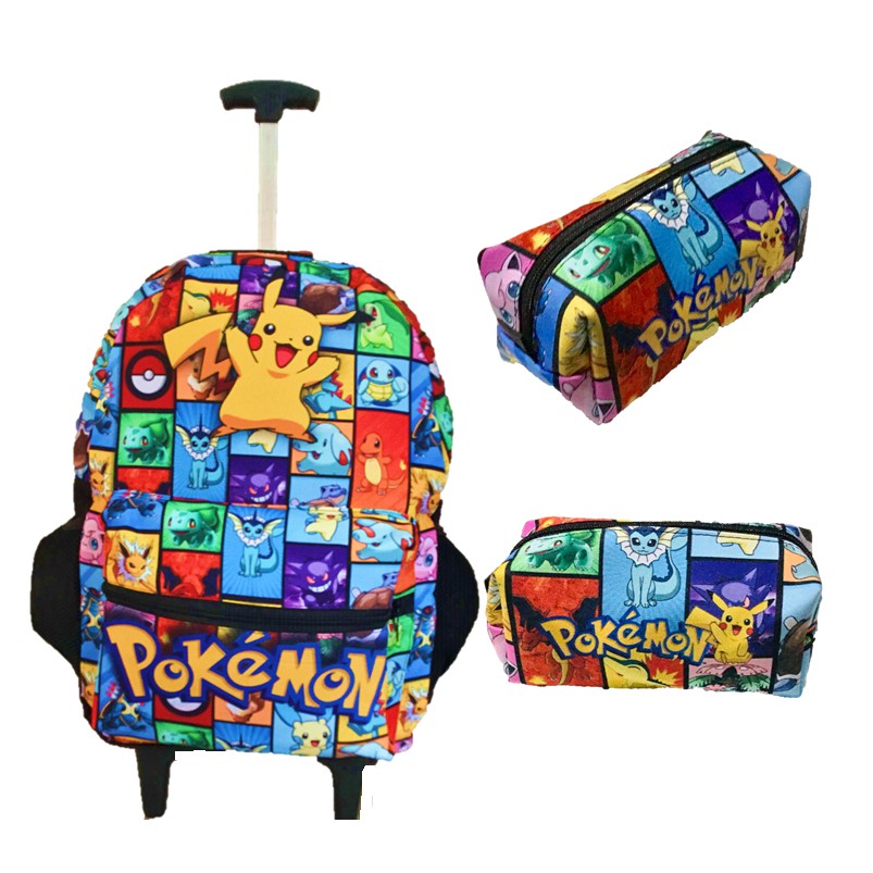 Kit Mochila Pokemon Pikachu Rodinhas Carrinho Bolsa Infantil unissex menina menino com estojo