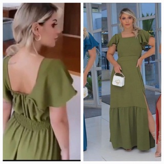 Vestido Longo tecido Duna forrado moda feminina com fenda lateral e abertura nas costas com bojo