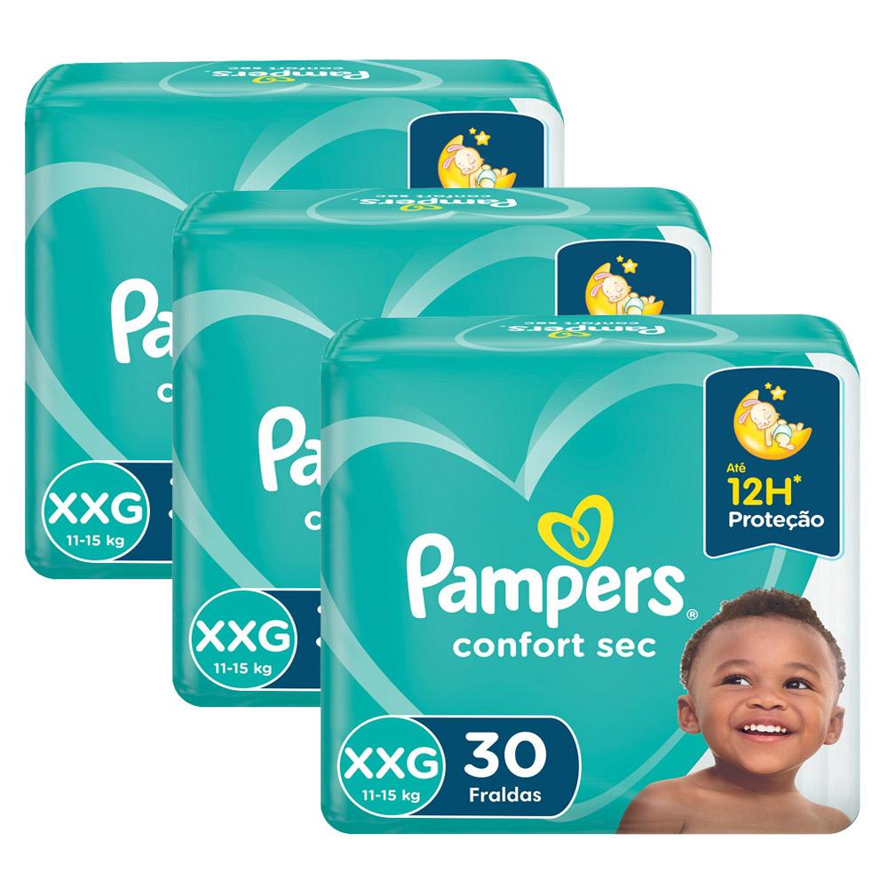 Kit 3 Fraldas Pampers Confort Sec XXG com 90 Tiras (unidades) em Oferta na Shopee