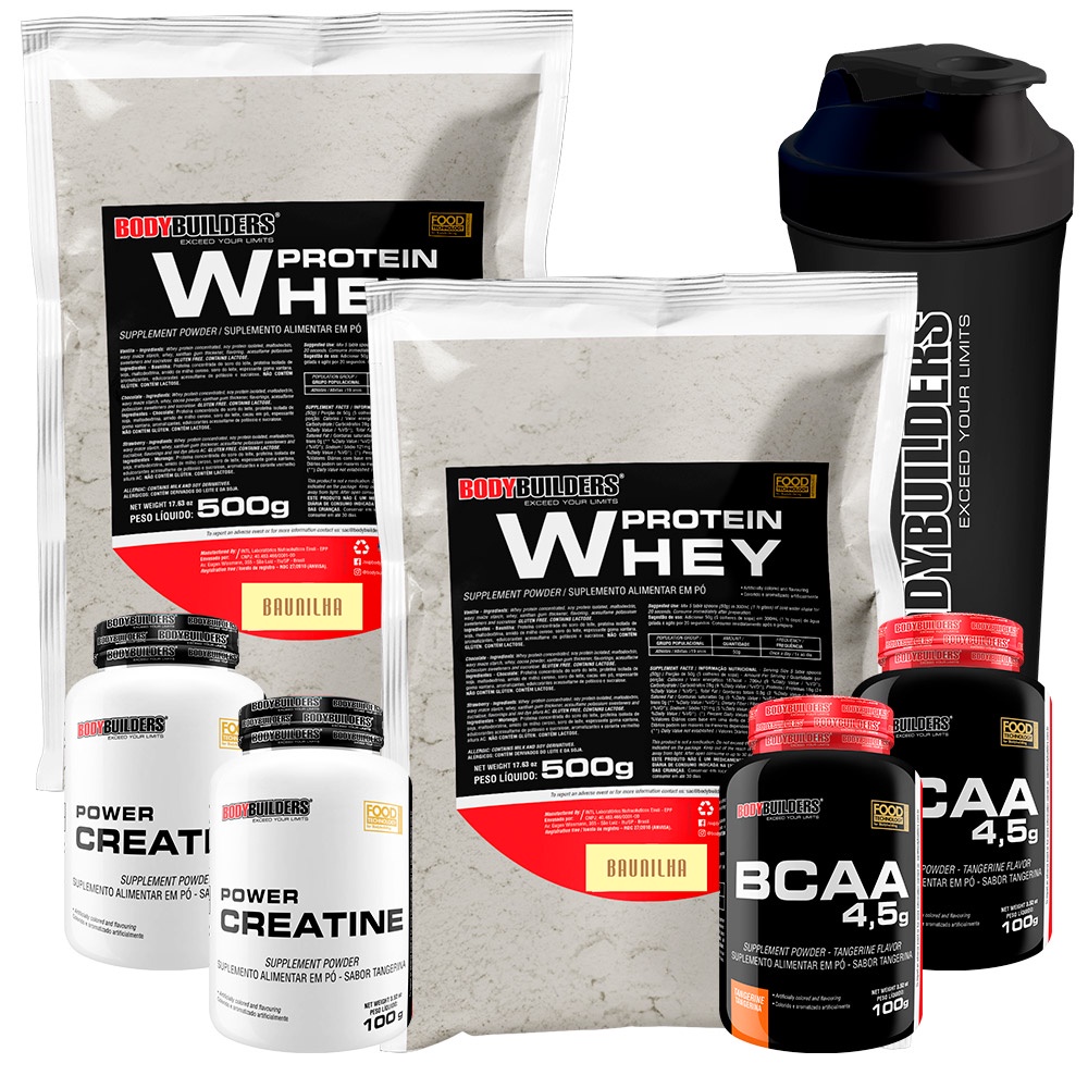 Kit 2x Whey Protein 500g + 2x BCAA 4,5 100g + 2x Power Creatina 100g + Coqueteleira - Bodybuilders em Oferta na Shopee