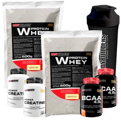 Kit 2x Whey Protein 500g + 2x BCAA 4,5 100g + 2x Power Creatina 100g + Coqueteleira - Bodybuilders
