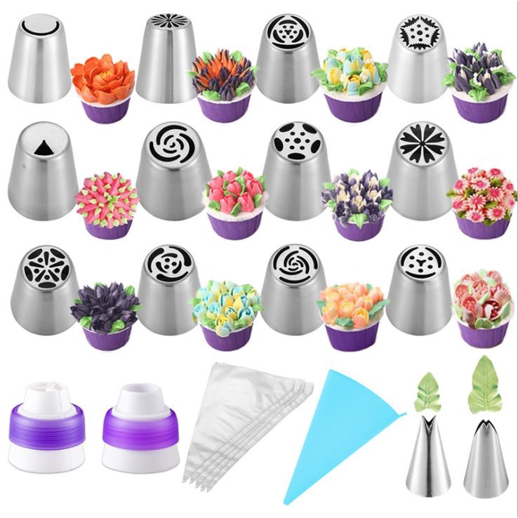 Jogo De Bico de confeiteiro Com saco Inox Kit Com 12 Bicos de Confeitar Bolo, Tortas - Bico Russo