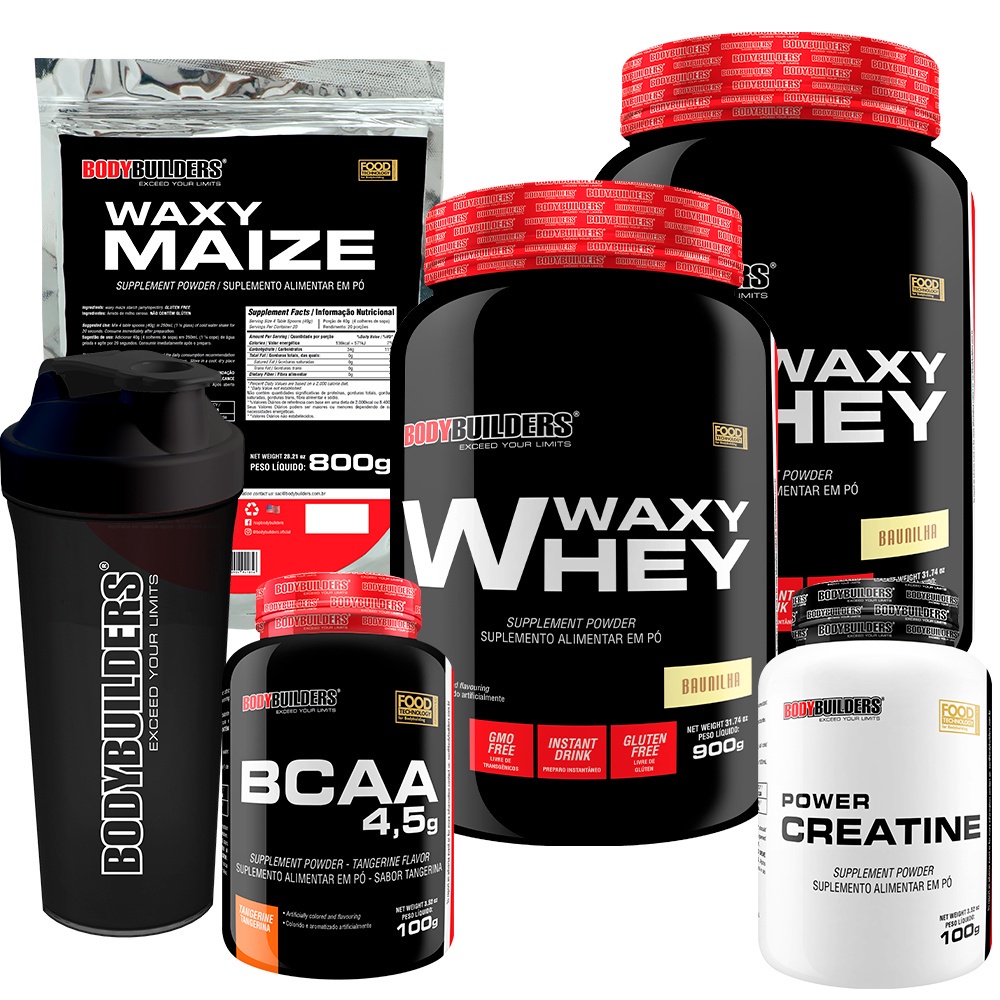 KIT 2x Whey Protein Waxy Whey 900g, Waxy Maize 800g, Power Creatina 100g, BCAA 100g, Coqueteleira - BodyBuilders Kit para quem pratica atividades físicas