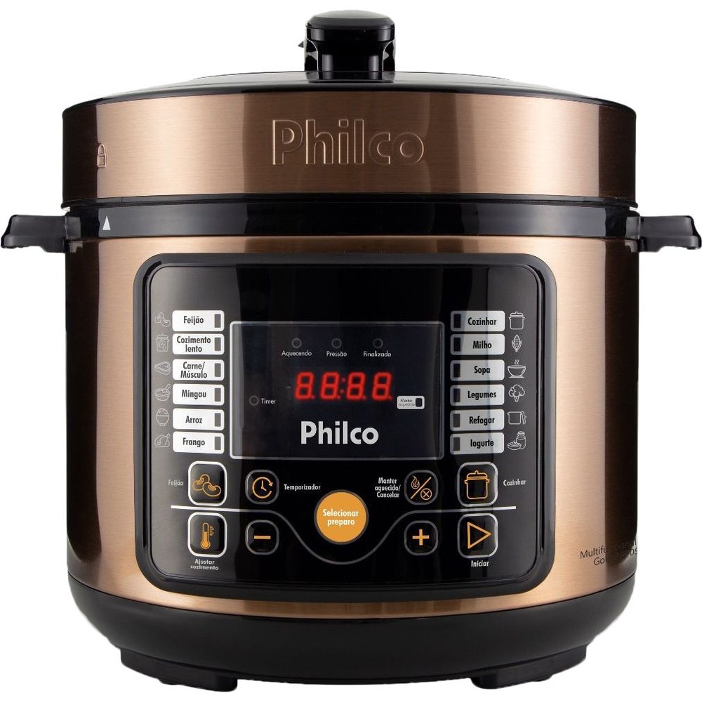 Panela de pressão elétrica Philco 5L na cor gold com painel digital frontal e botões de controle