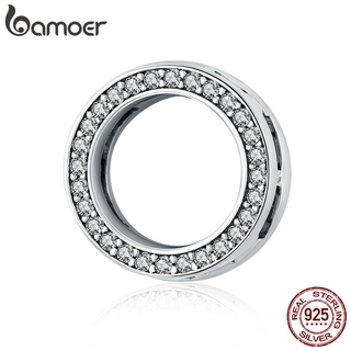 Bamoer 925 Sterling Silver Limpar Zircon Rodada Círculo Beads Charme fit Mulheres Pulseiras DIY Jóias SCX101