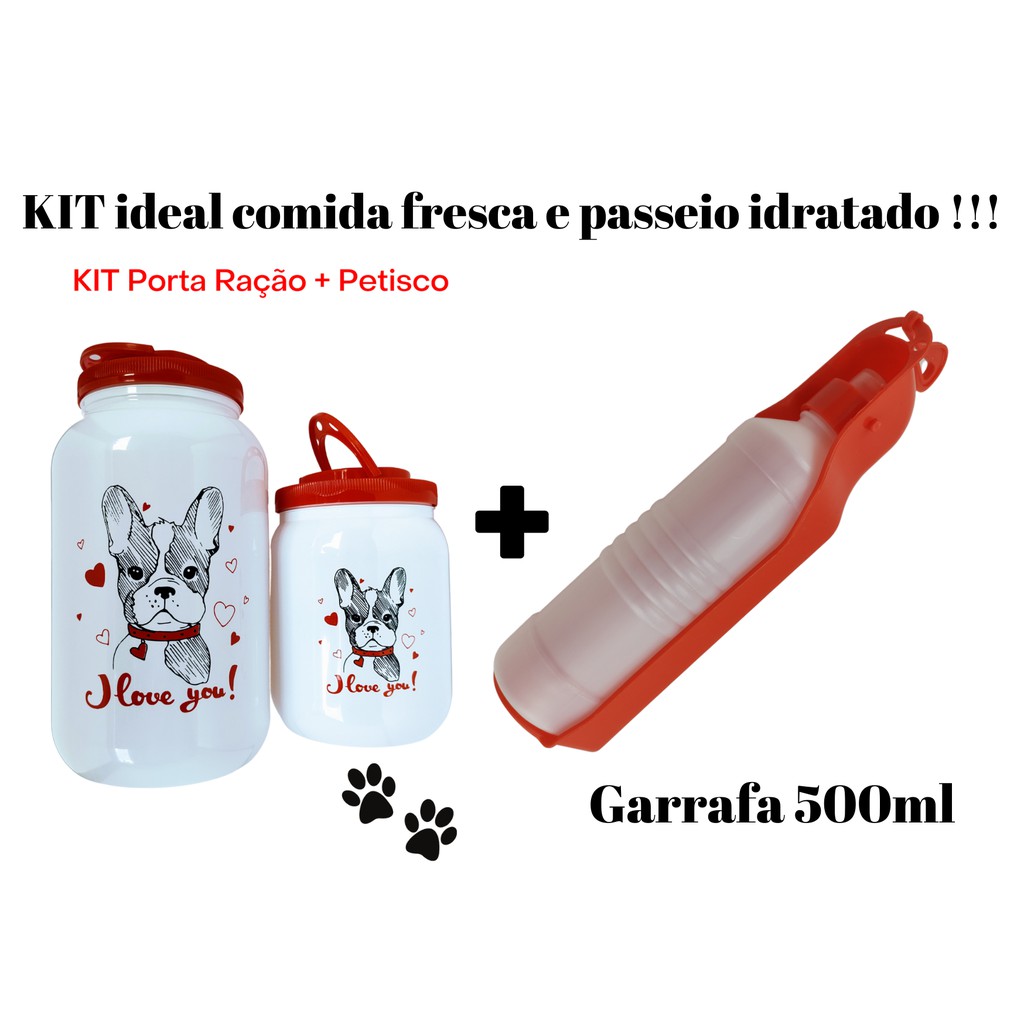 KIT Potes Porta Ração 3.6 + Porta Petisco 1.7 Branco + Garrafa de Agua 500ml, para seu cachorro - cães - Para Armazenar Ração do seu PET, deixe seus cachorros e cães com este acessorio essencial para seu animal, filhote, filhotes TOP SHOP