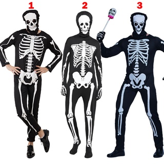 Halloween Homens Assustador Esqueleto Fantasia Adulto Festa Horror Caveira Cosplay Macacão Plus Size Masculino Feminino Pele Crânio Impressão Fato De Corpo Inteiro 3 Estilos Escolher