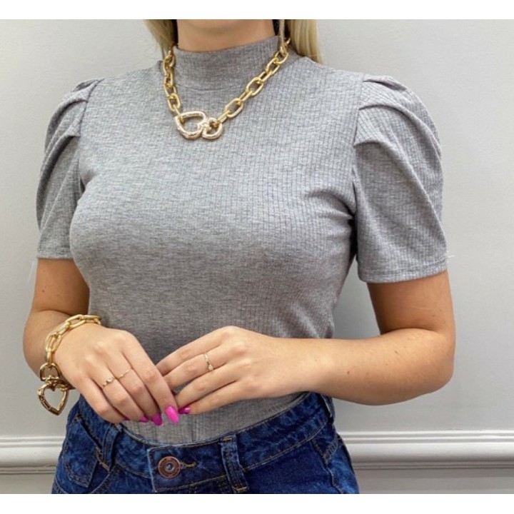 Blusa feminina manga curta princesa bufante malha canelada blogueira