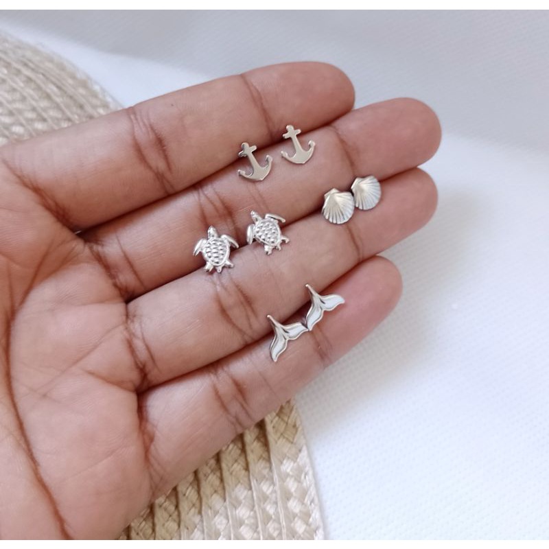 Brinco em aço inoxidável antialérgico cordão cor Prata semi jóias não escurece âncora coração tartaruga concha
