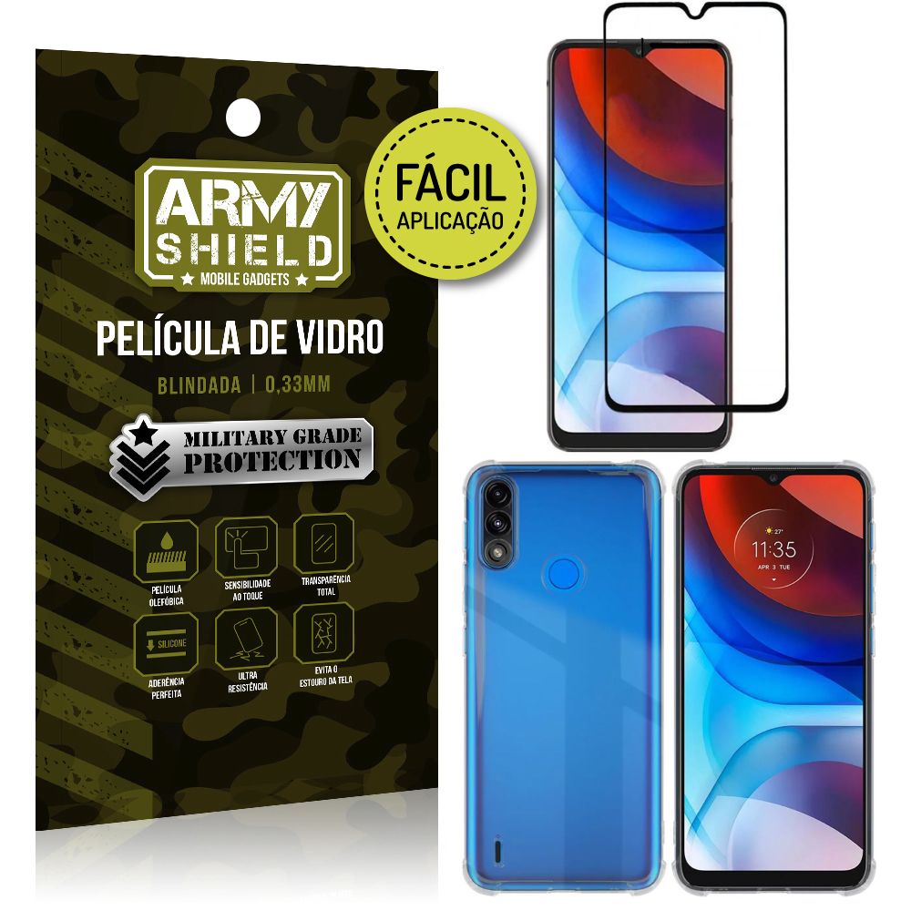 Kit Moto E7 Power Película 3D Fácil Aplicação + Capa Anti Impacto - Armyshield