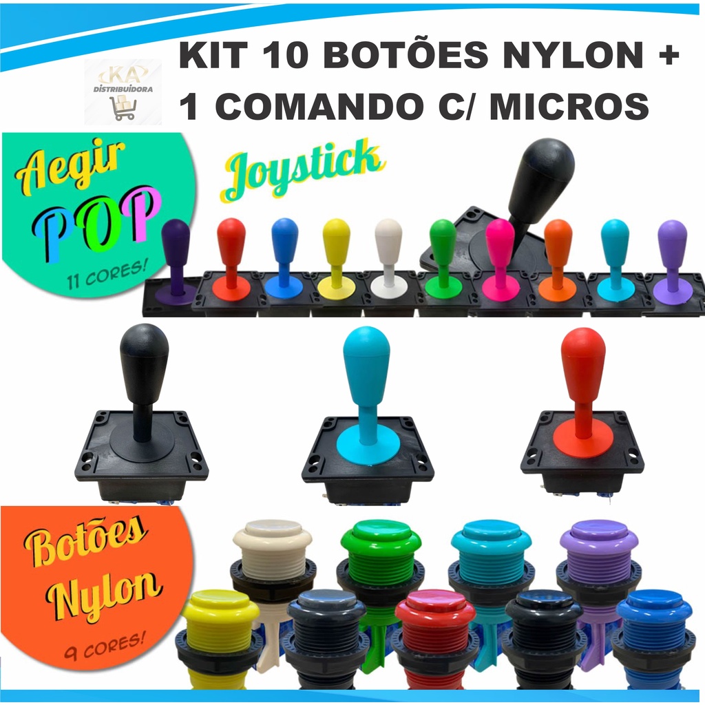 Kit 1 Comando Aegir + 10 Botões Nylon P/ Fliperama Arcade Games Rasp Bartop