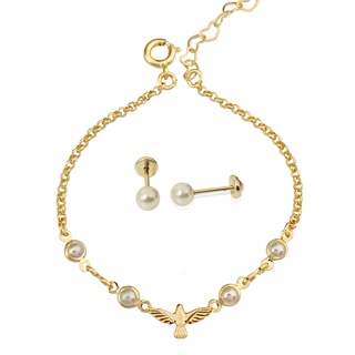 Kit Brinco e Pulseira Infantil Antialergico Folheado Religioso P/ Presentear Batizado Crisma Proteção Madrinha