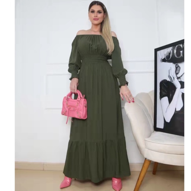 Vestido Longo Luxo  ombro Manga Longa  Viscolinho